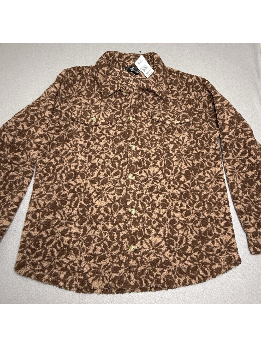 New Volcom Women’s  Jacket Large L Sherpa Shacket Floral Brown Button Down NWT